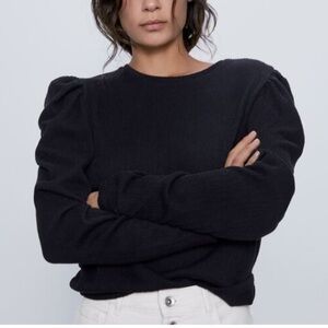 NWT ZARA TEXTURED RIBBED PUFF SLEEVE BLACK KNIT TOP S